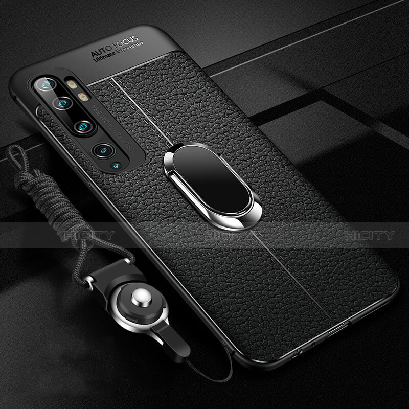 Coque Silicone Gel Motif Cuir Housse Etui avec Support Bague Anneau Aimante Magnetique T02 pour Xiaomi Mi Note 10 Noir Plus