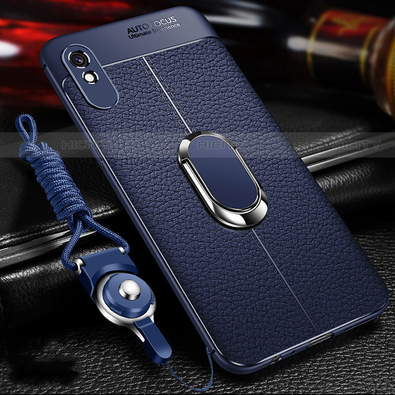 Coque Silicone Gel Motif Cuir Housse Etui avec Support Bague Anneau Aimante Magnetique T02 pour Xiaomi Redmi 9A Bleu Plus