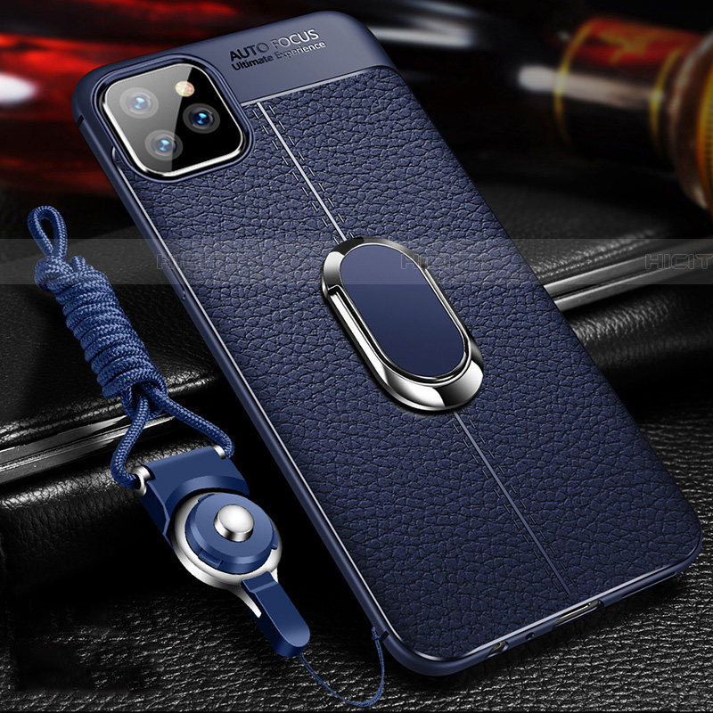 Coque Silicone Gel Motif Cuir Housse Etui avec Support Bague Anneau Aimante Magnetique T03 pour Apple iPhone 11 Pro Max Bleu Plus