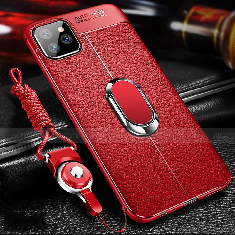 Coque Silicone Gel Motif Cuir Housse Etui avec Support Bague Anneau Aimante Magnetique T03 pour Apple iPhone 11 Pro Rouge Plus