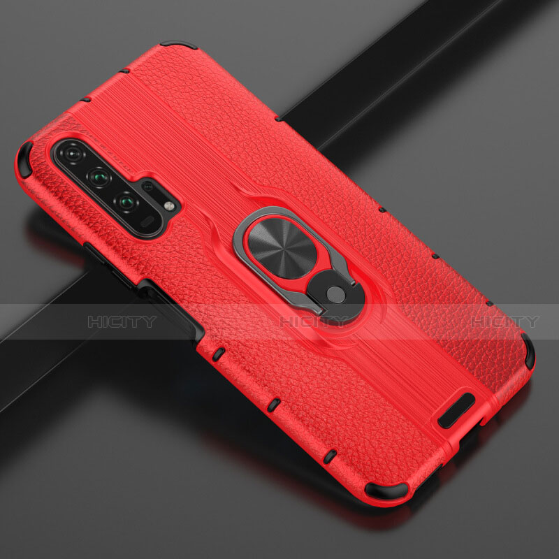 Coque Silicone Gel Motif Cuir Housse Etui avec Support Bague Anneau Aimante Magnetique T03 pour Huawei Honor 20 Pro Rouge Plus