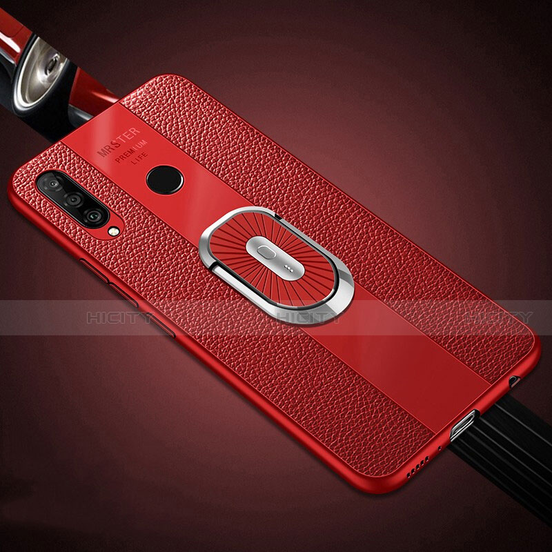 Coque Silicone Gel Motif Cuir Housse Etui avec Support Bague Anneau Aimante Magnetique T03 pour Huawei Nova 4e Rouge Plus