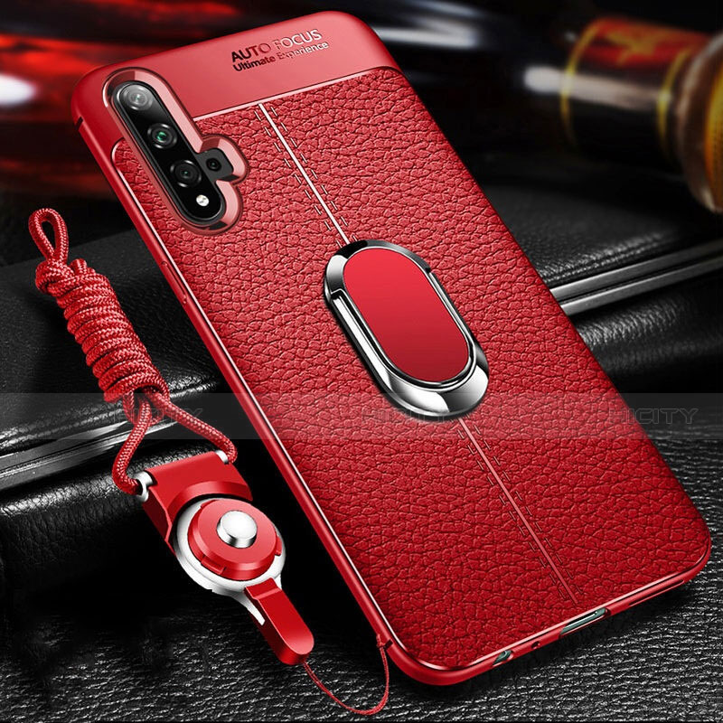 Coque Silicone Gel Motif Cuir Housse Etui avec Support Bague Anneau Aimante Magnetique T03 pour Huawei Nova 5 Pro Rouge Plus