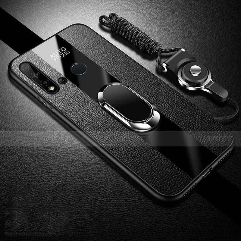 Coque Silicone Gel Motif Cuir Housse Etui avec Support Bague Anneau Aimante Magnetique T03 pour Huawei P20 Lite (2019) Noir Plus