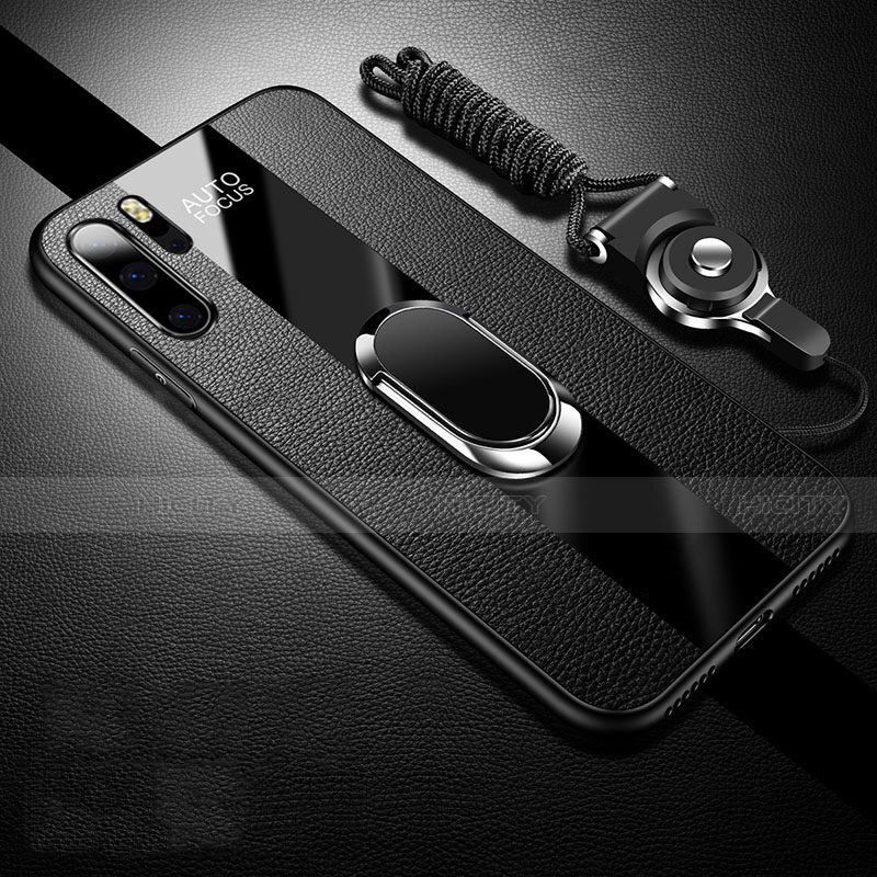 Coque Silicone Gel Motif Cuir Housse Etui avec Support Bague Anneau Aimante Magnetique T03 pour Huawei P30 Pro New Edition Noir Plus