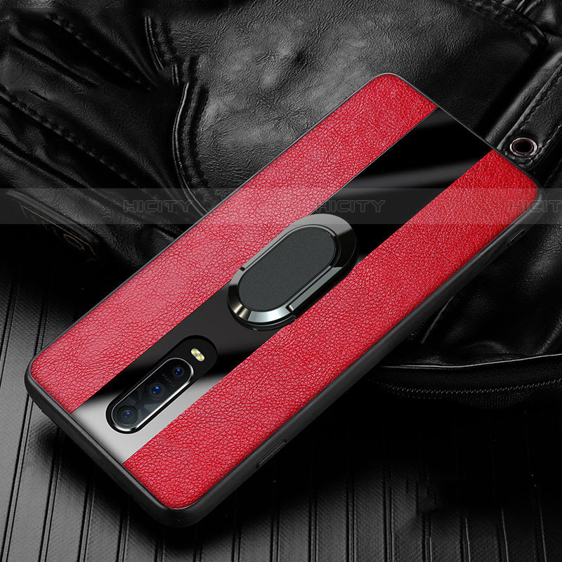 Coque Silicone Gel Motif Cuir Housse Etui avec Support Bague Anneau Aimante Magnetique T03 pour Oppo RX17 Pro Rouge Plus