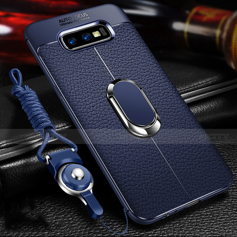 Coque Silicone Gel Motif Cuir Housse Etui avec Support Bague Anneau Aimante Magnetique T03 pour Samsung Galaxy S10e Bleu Plus