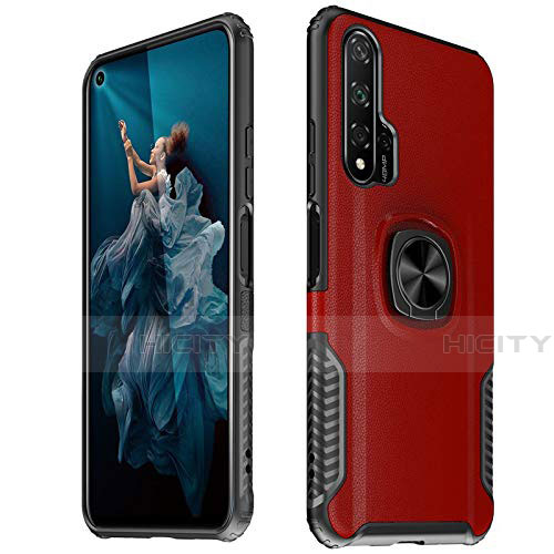 Coque Silicone Gel Motif Cuir Housse Etui avec Support Bague Anneau Aimante Magnetique T04 pour Huawei Honor 20 Pro Rouge Plus