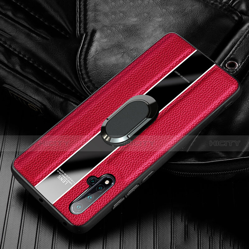 Coque Silicone Gel Motif Cuir Housse Etui avec Support Bague Anneau Aimante Magnetique T04 pour Huawei Nova 5 Pro Rouge Plus