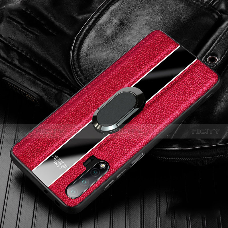 Coque Silicone Gel Motif Cuir Housse Etui avec Support Bague Anneau Aimante Magnetique T04 pour Huawei Nova 6 5G Rouge Plus