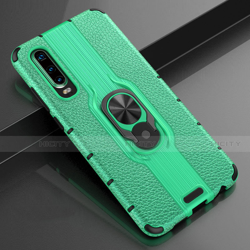 Coque Silicone Gel Motif Cuir Housse Etui avec Support Bague Anneau Aimante Magnetique T04 pour Huawei P30 Vert Plus