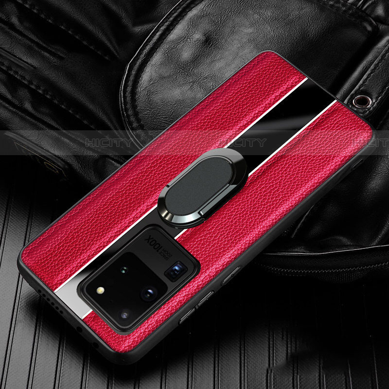 Coque Silicone Gel Motif Cuir Housse Etui avec Support Bague Anneau Aimante Magnetique T04 pour Samsung Galaxy S20 Ultra 5G Rouge Plus