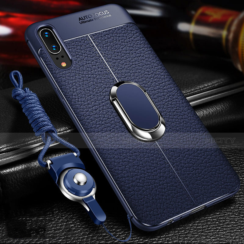 Coque Silicone Gel Motif Cuir Housse Etui avec Support Bague Anneau Aimante Magnetique T05 pour Huawei P20 Bleu Plus