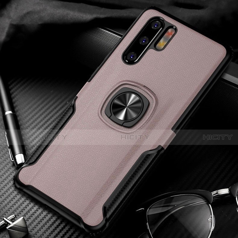 Coque Silicone Gel Motif Cuir Housse Etui avec Support Bague Anneau Aimante Magnetique T05 pour Huawei P30 Pro Or Rose Plus