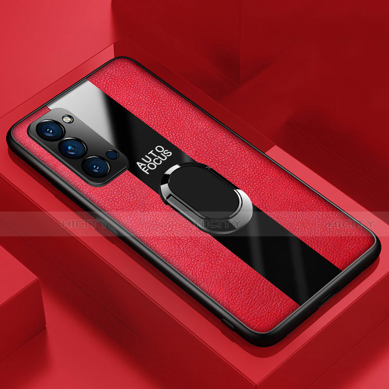 Coque Silicone Gel Motif Cuir Housse Etui avec Support Bague Anneau Aimante Magnetique T05 pour Oppo Reno4 5G Rouge Plus