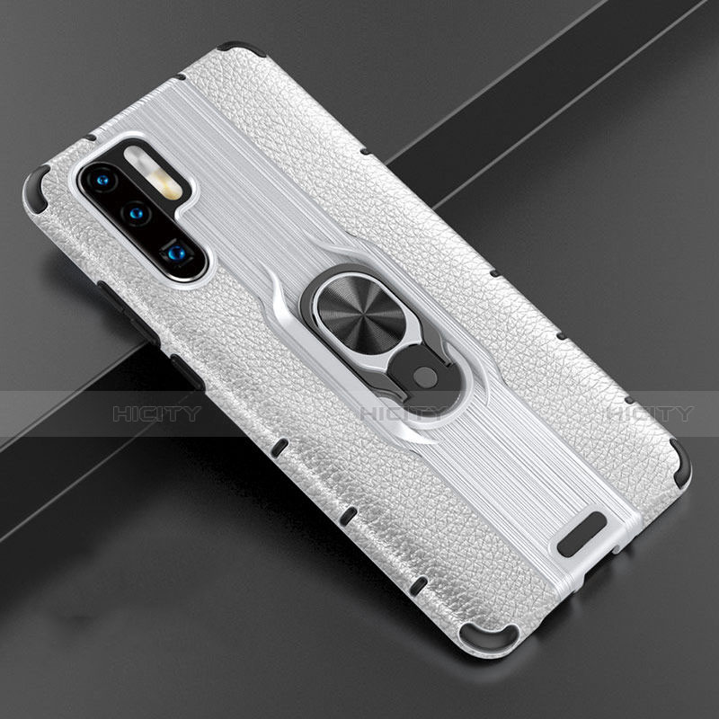 Coque Silicone Gel Motif Cuir Housse Etui avec Support Bague Anneau Aimante Magnetique T06 pour Huawei P30 Pro Argent Plus