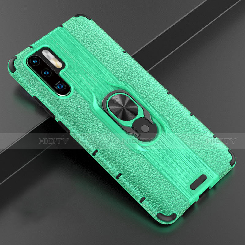 Coque Silicone Gel Motif Cuir Housse Etui avec Support Bague Anneau Aimante Magnetique T06 pour Huawei P30 Pro New Edition Vert Plus