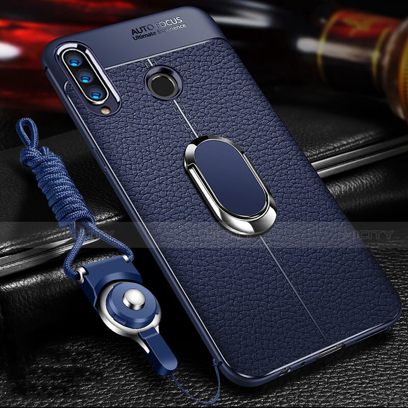 Coque Silicone Gel Motif Cuir Housse Etui avec Support Bague Anneau Aimante Magnetique Z01 pour Huawei P30 Lite Bleu Plus