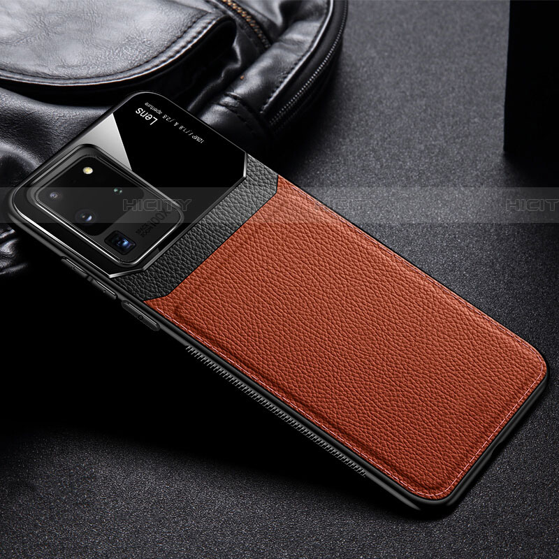 Coque Silicone Gel Motif Cuir Housse Etui H01 pour Samsung Galaxy S20 Ultra 5G Marron Plus