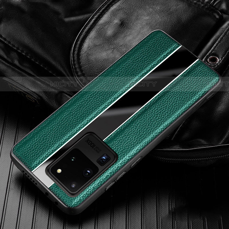 Coque Silicone Gel Motif Cuir Housse Etui H04 pour Samsung Galaxy S20 Ultra 5G Vert Plus