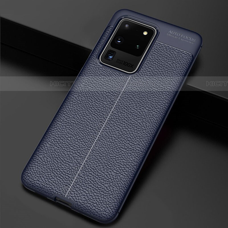 Coque Silicone Gel Motif Cuir Housse Etui H06 pour Samsung Galaxy S20 Ultra 5G Bleu Plus