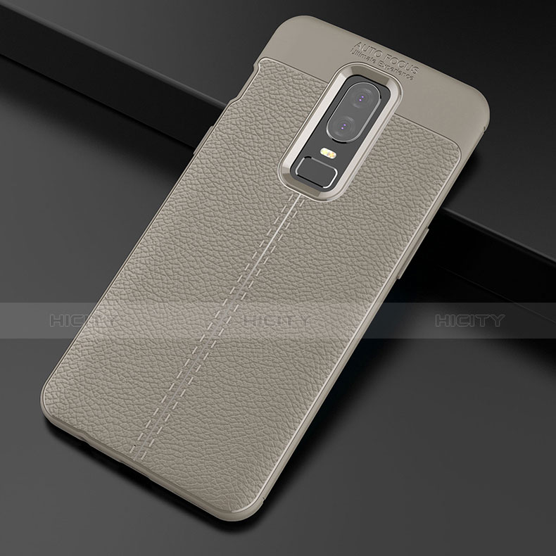 Coque Silicone Gel Motif Cuir Housse Etui pour OnePlus 6 Gris Plus