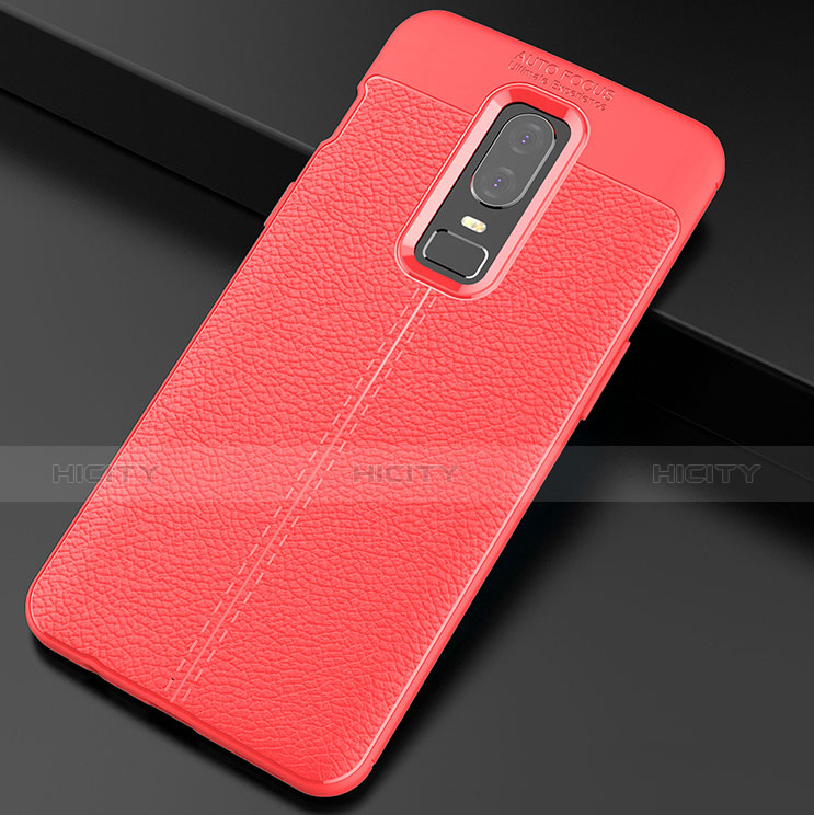 Coque Silicone Gel Motif Cuir Housse Etui pour OnePlus 6 Rouge Plus