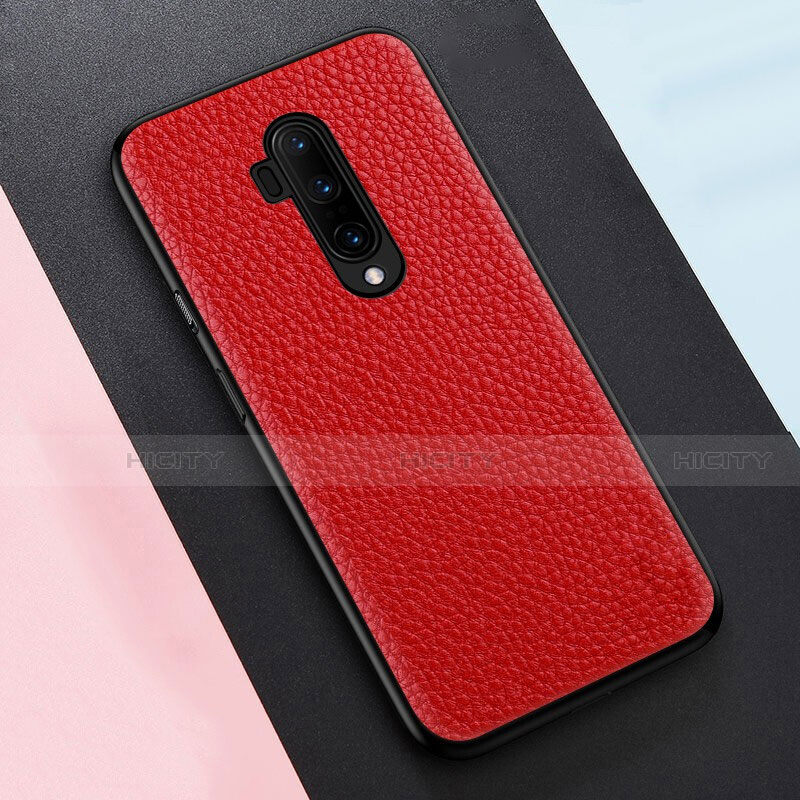 Coque Silicone Gel Motif Cuir Housse Etui pour OnePlus 7T Pro 5G Rouge Plus