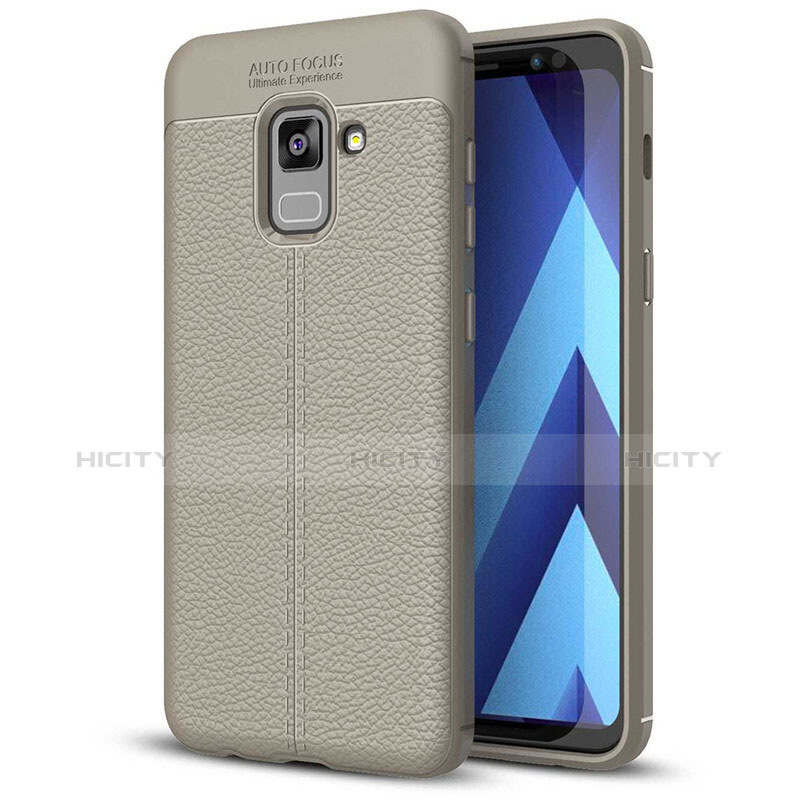 Coque Silicone Gel Motif Cuir Housse Etui pour Samsung Galaxy A5 (2018) A530F Gris Plus