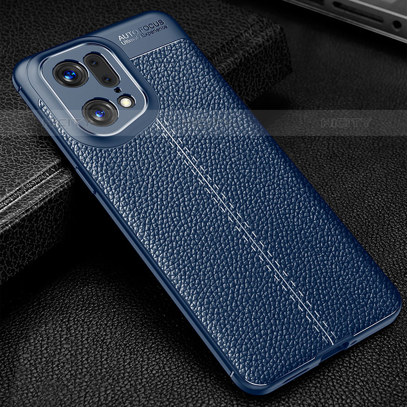 Coque Silicone Gel Motif Cuir Housse Etui S01 pour Oppo Find X5 Pro 5G Bleu Plus