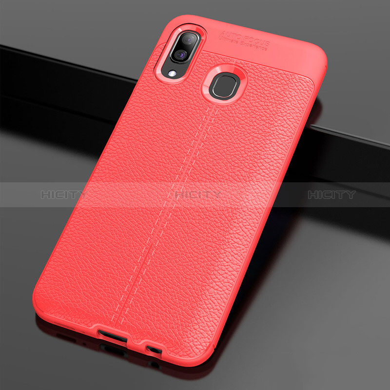 Coque Silicone Gel Motif Cuir Housse Etui S01 pour Samsung Galaxy A20 Rouge Plus