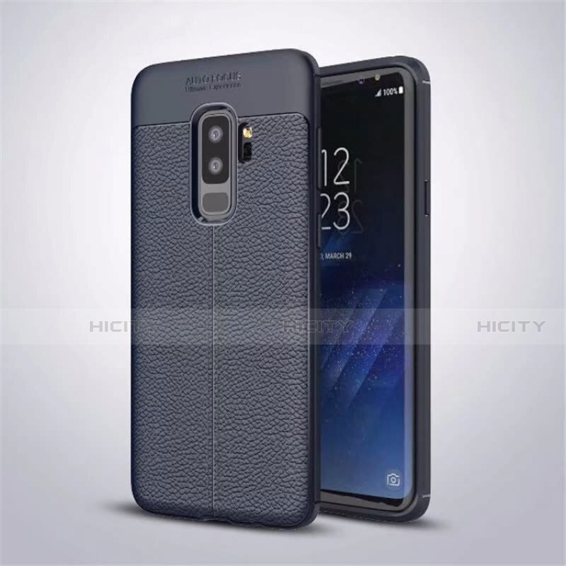 Coque Silicone Gel Motif Cuir Housse Etui S01 pour Samsung Galaxy S9 Plus Bleu Plus