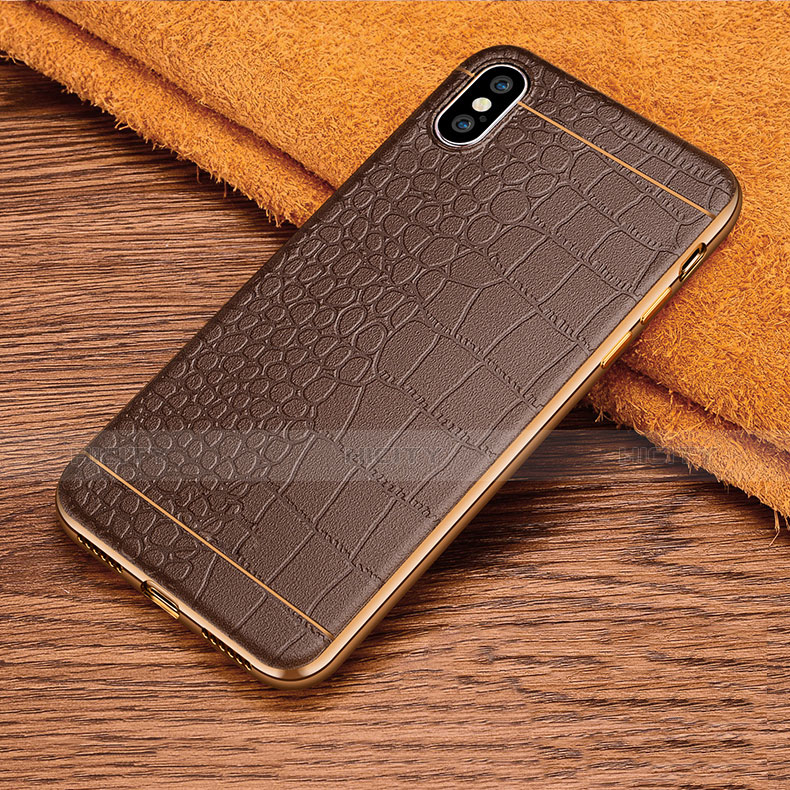 Coque Silicone Gel Motif Cuir L03 pour Apple iPhone Xs Marron Plus