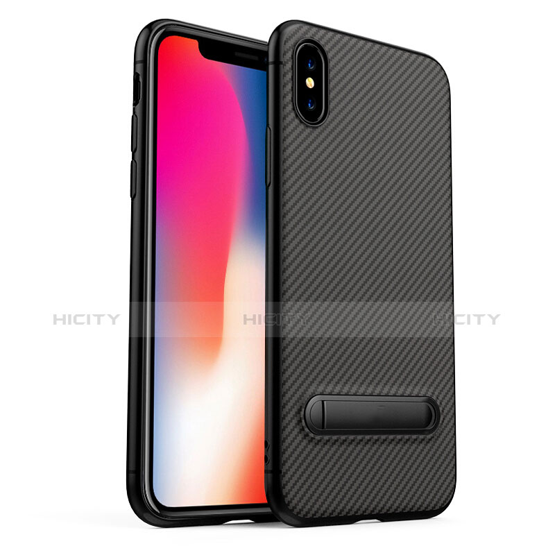 Coque Silicone Gel Serge Souple Couleur Unie avec Support pour Apple iPhone X Noir Plus