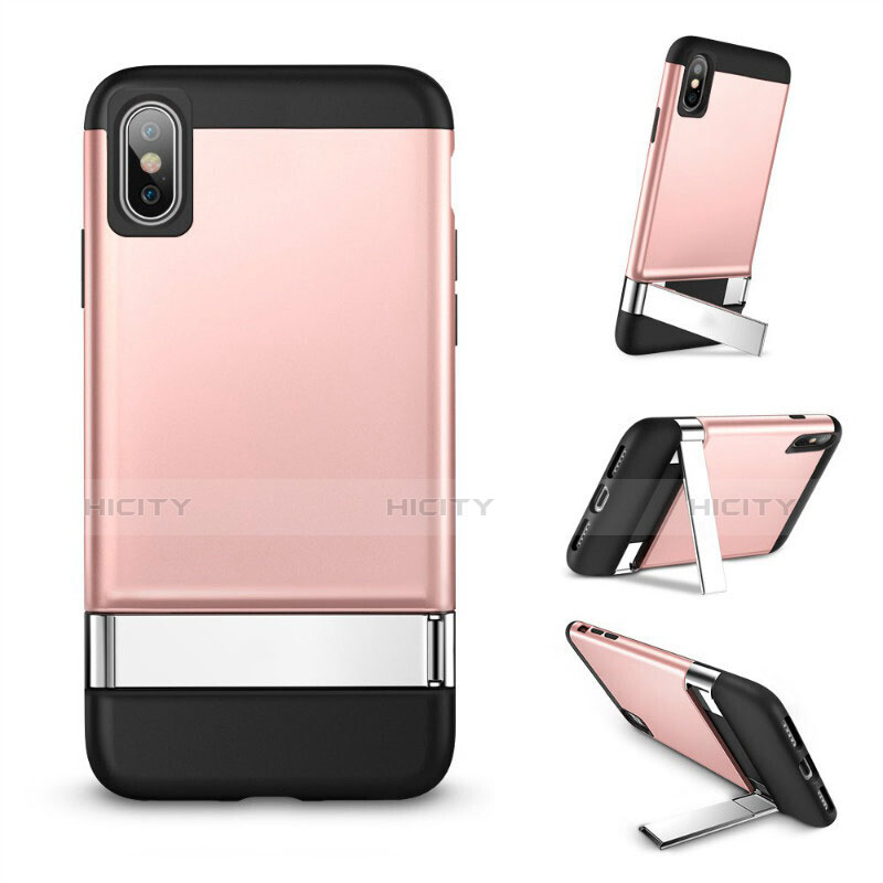 Coque Silicone Gel Souple Couleur Unie avec Support pour Apple iPhone Xs Or Rose Plus