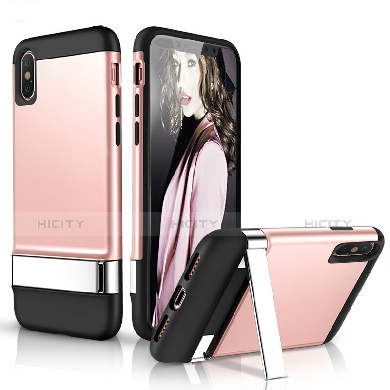 Coque Silicone Gel Souple Couleur Unie avec Support pour Apple iPhone Xs Or Rose Plus