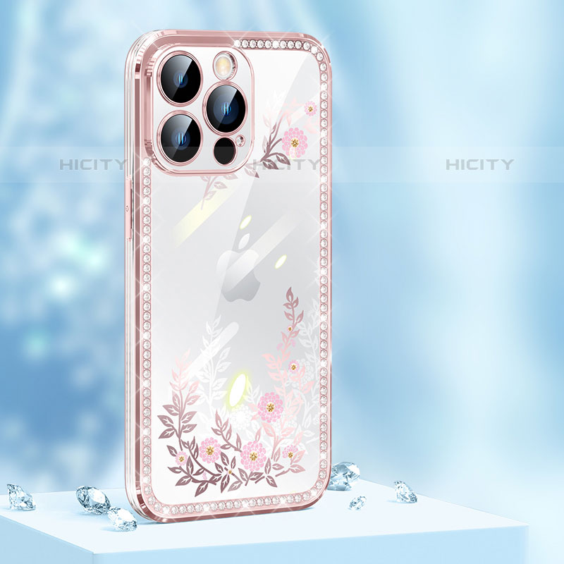 Coque Silicone Housse Etui Gel Bling-Bling AT1 pour Apple iPhone 15 Pro Or Rose Plus