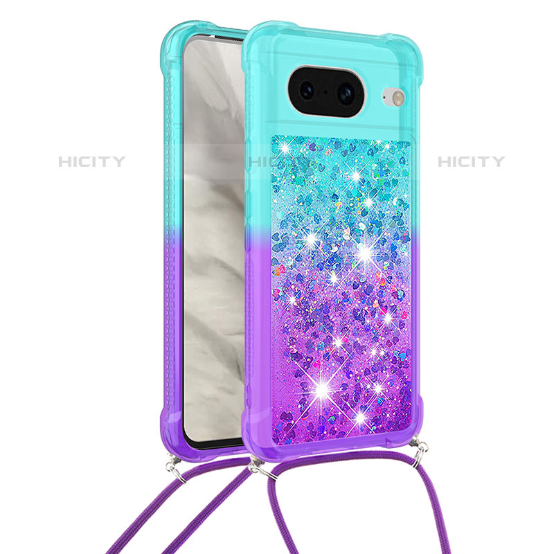 Coque Silicone Housse Etui Gel Bling-Bling avec Laniere Strap S01 pour Google Pixel 8 5G Bleu Ciel Plus