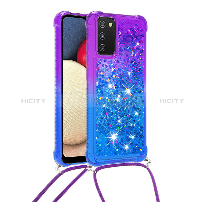 Coque Silicone Housse Etui Gel Bling-Bling avec Laniere Strap S01 pour Samsung Galaxy A02s Violet Plus