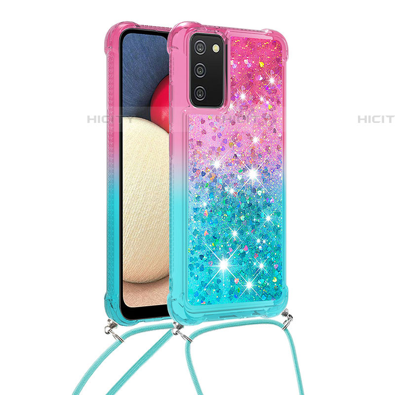 Coque Silicone Housse Etui Gel Bling-Bling avec Laniere Strap S01 pour Samsung Galaxy A03s Rose Plus