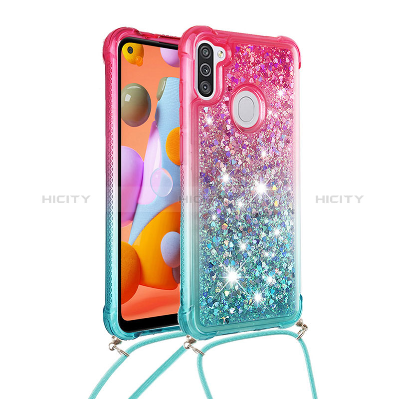 Coque Silicone Housse Etui Gel Bling-Bling avec Laniere Strap S01 pour Samsung Galaxy A11 Rose Plus