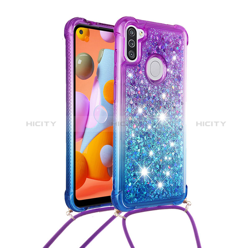 Coque Silicone Housse Etui Gel Bling-Bling avec Laniere Strap S01 pour Samsung Galaxy A11 Violet Plus