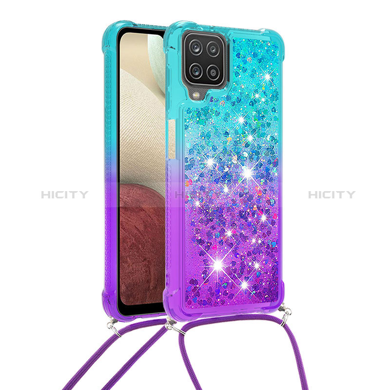 Coque Silicone Housse Etui Gel Bling-Bling avec Laniere Strap S01 pour Samsung Galaxy A12 Bleu Ciel Plus