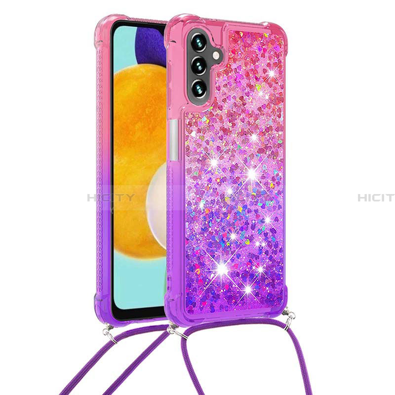 Coque Silicone Housse Etui Gel Bling-Bling avec Laniere Strap S01 pour Samsung Galaxy A13 5G Rose Rouge Plus