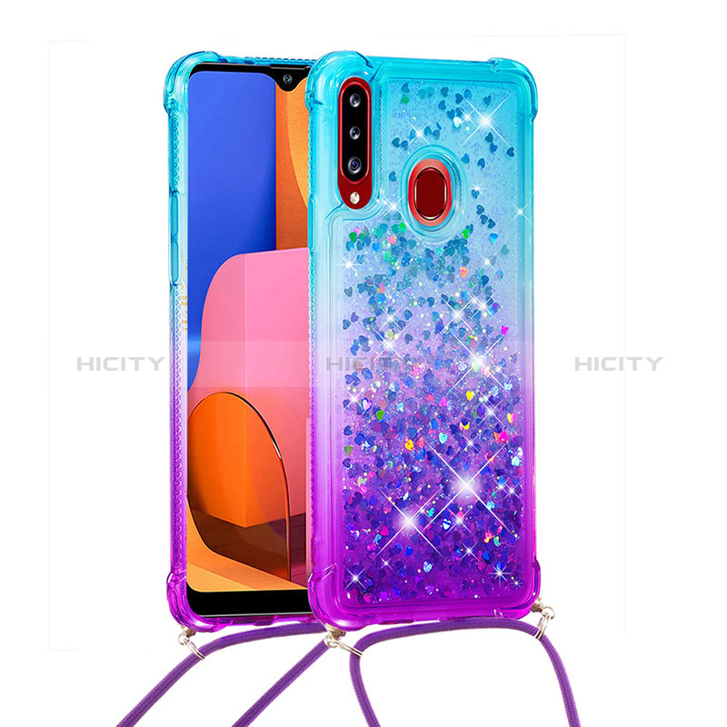 Coque Silicone Housse Etui Gel Bling-Bling avec Laniere Strap S01 pour Samsung Galaxy A20s Bleu Ciel Plus