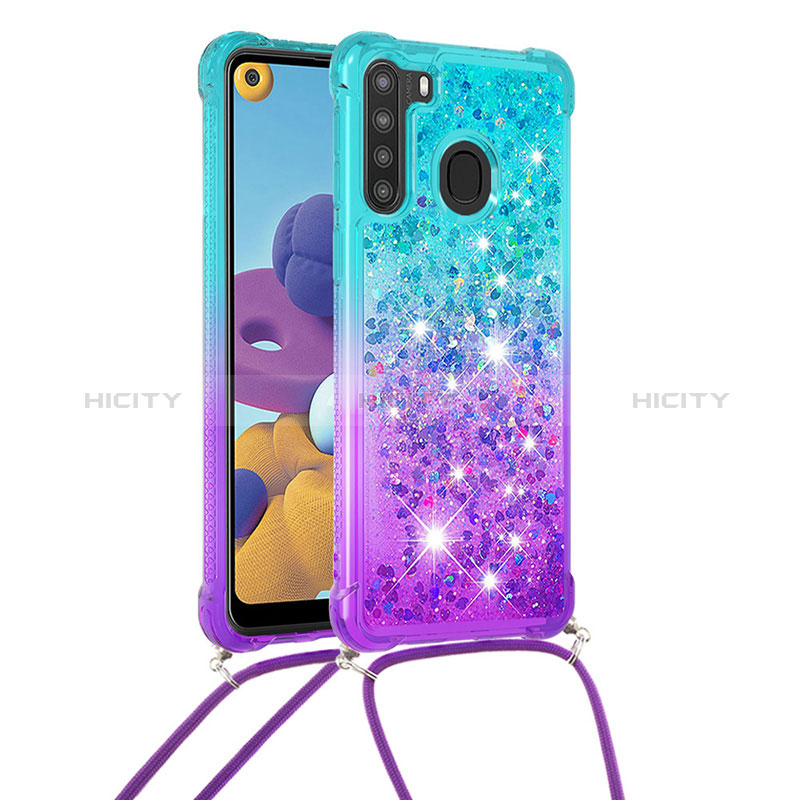 Coque Silicone Housse Etui Gel Bling-Bling avec Laniere Strap S01 pour Samsung Galaxy A21 Bleu Ciel Plus