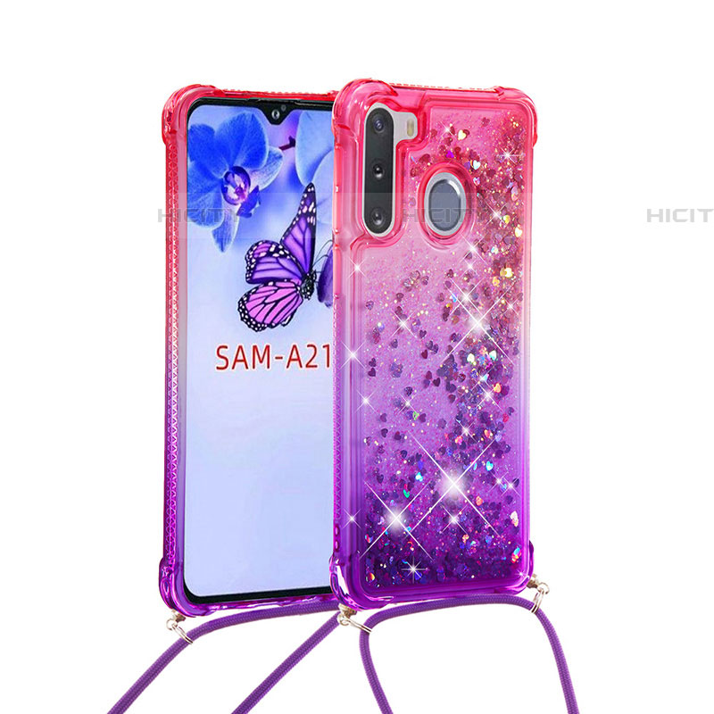 Coque Silicone Housse Etui Gel Bling-Bling avec Laniere Strap S01 pour Samsung Galaxy A21 European Rose Rouge Plus