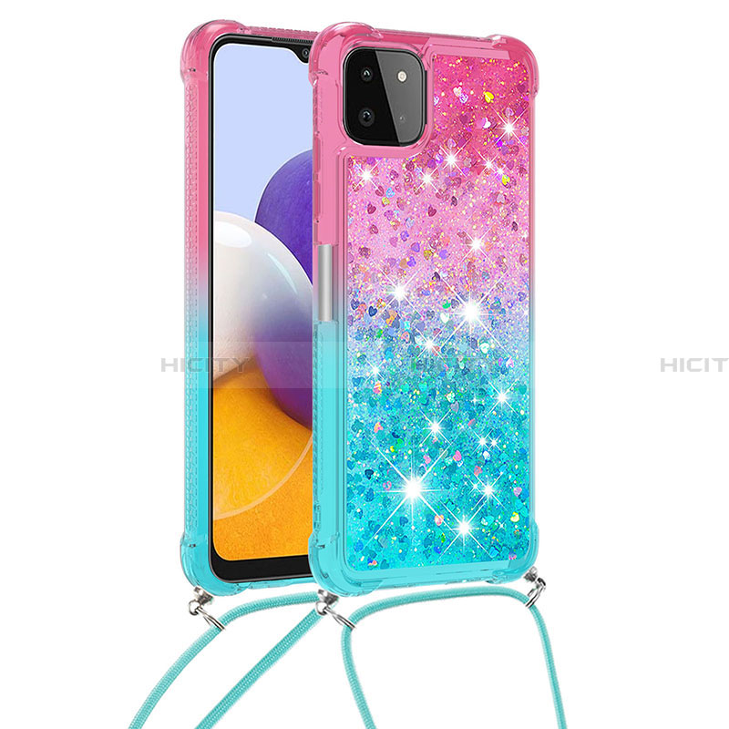 Coque Silicone Housse Etui Gel Bling-Bling avec Laniere Strap S01 pour Samsung Galaxy A22 5G Rose Plus