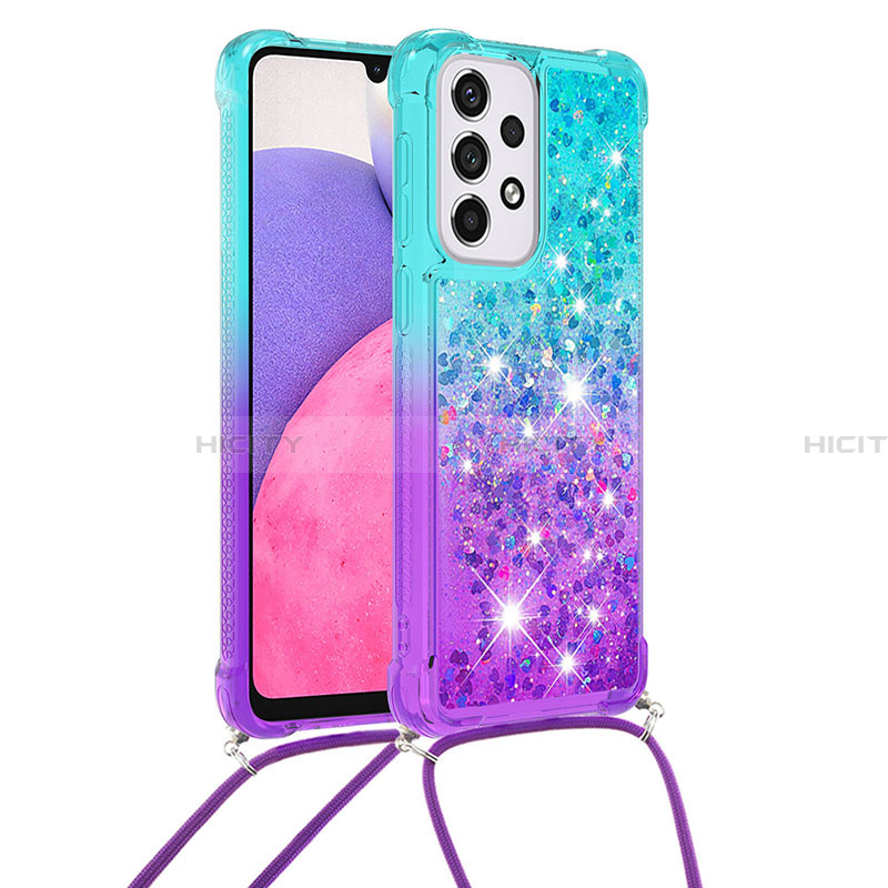 Coque Silicone Housse Etui Gel Bling-Bling avec Laniere Strap S01 pour Samsung Galaxy A33 5G Bleu Ciel Plus