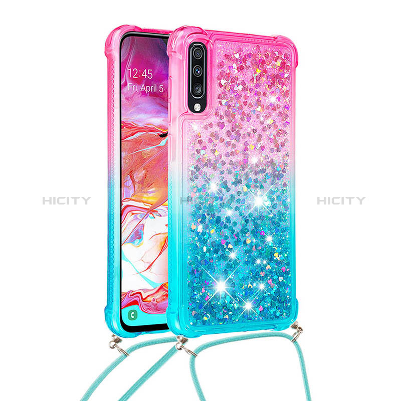 Coque Silicone Housse Etui Gel Bling-Bling avec Laniere Strap S01 pour Samsung Galaxy A70 Rose Plus